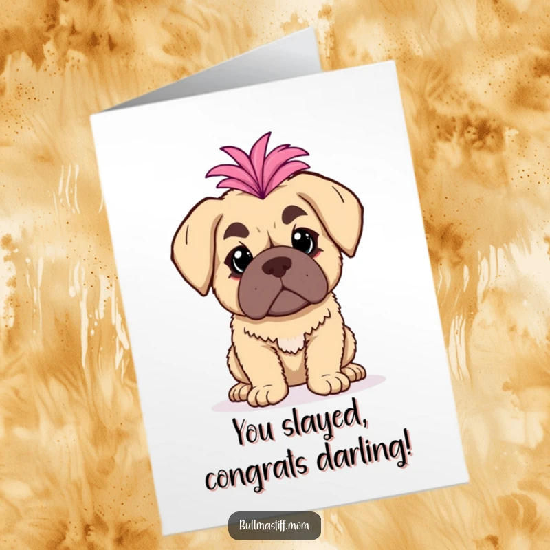 Free Printable Congratulations Card: A theatrical bullmastiff strikes a pose with a fluffy boa, celebrating success with dramatic flair.