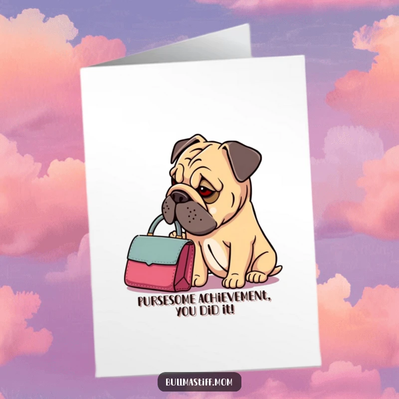 Funny Free Printable Congrats Card: Sophisticated Bullmastiff thoughtfully examines contents of her dainty handbag.