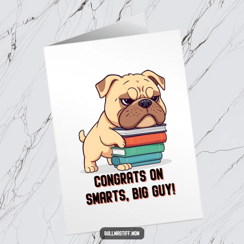 Funny Free Printable Congratulations Card: Bullmastiff with a charming grimace balances books, celebrating your intelligence.