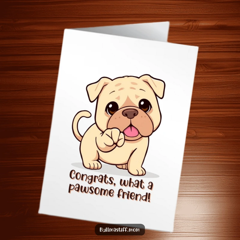Funny Free Printable Congratulations Card: A Bullmastiff with a wagging tail extends a paw for a congratulatory handshake.