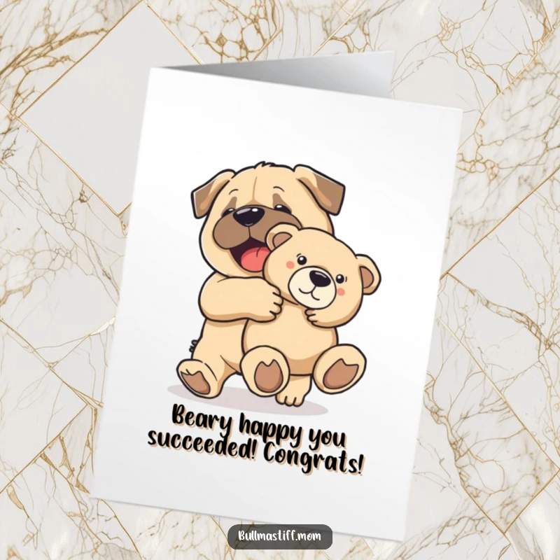 Funny Free Printable happy Bullmastiff holding a large teddy bear, suitable for congratulations.