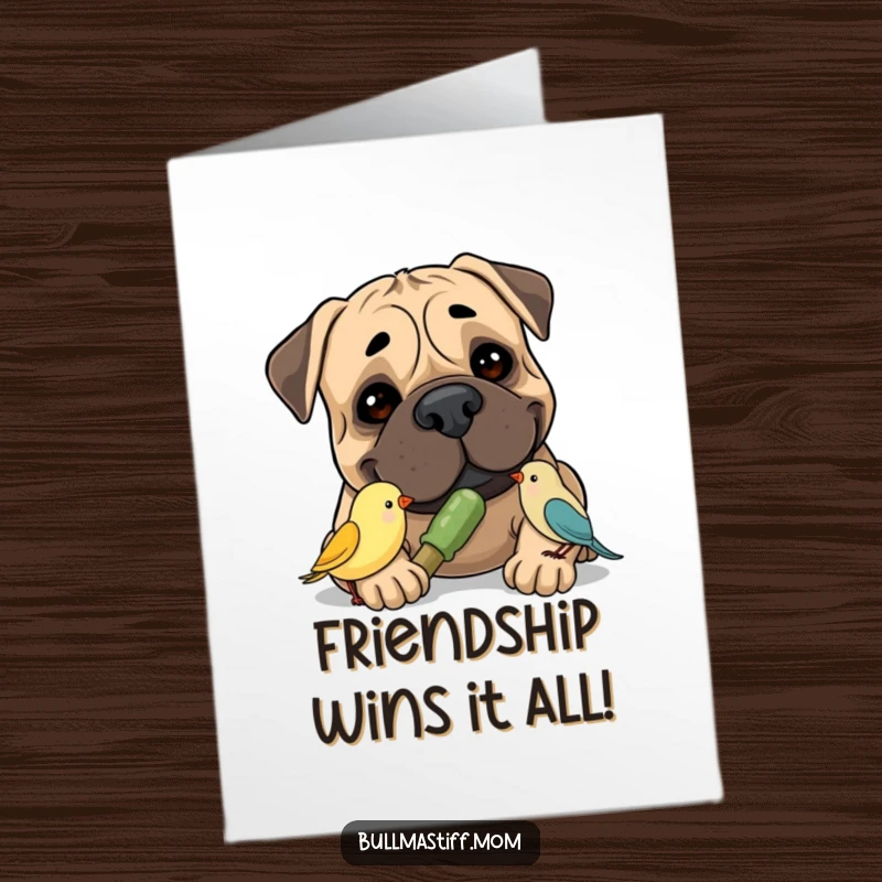 Funny Free Printable Congrats Card: A smiling Bullmastiff gently shares a chew toy with a small bird, celebrating connection.