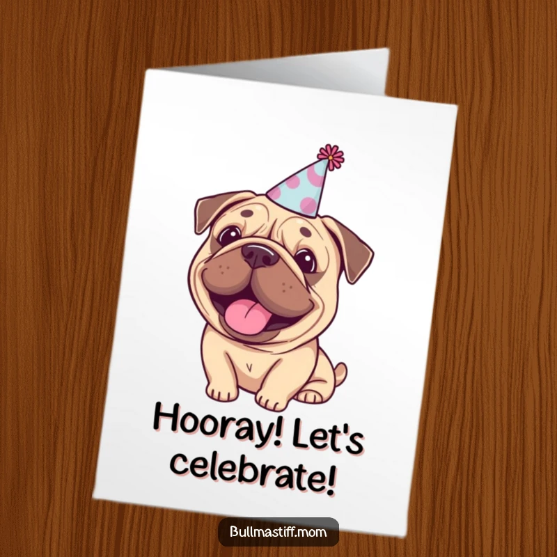 Funny Free Printable Bullmastiff wearing a party hat, beaming with a happy expression, ideal for congratulations.