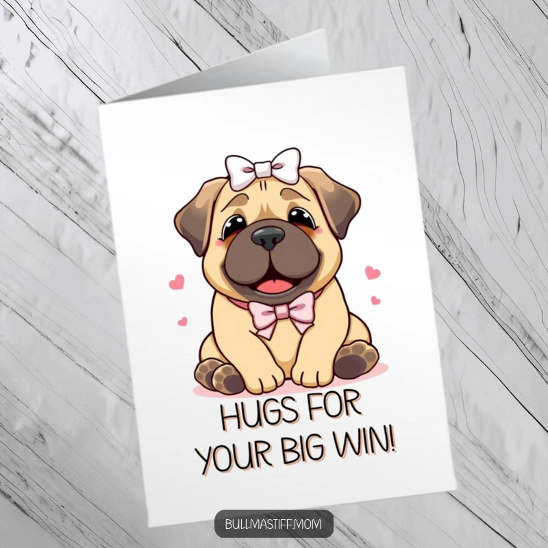 Funny Free Printable Congrats Card: A happy Bullmastiff with a bow on its head enjoying a warm hug, sending congratulations.