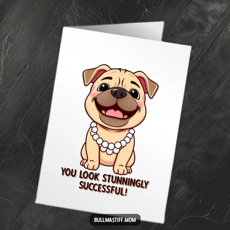 Funny Free Printable Congratulations Card: Cheerful Bullmastiff wearing a pearl necklace, smiling broadly, a chic way to celebrate.