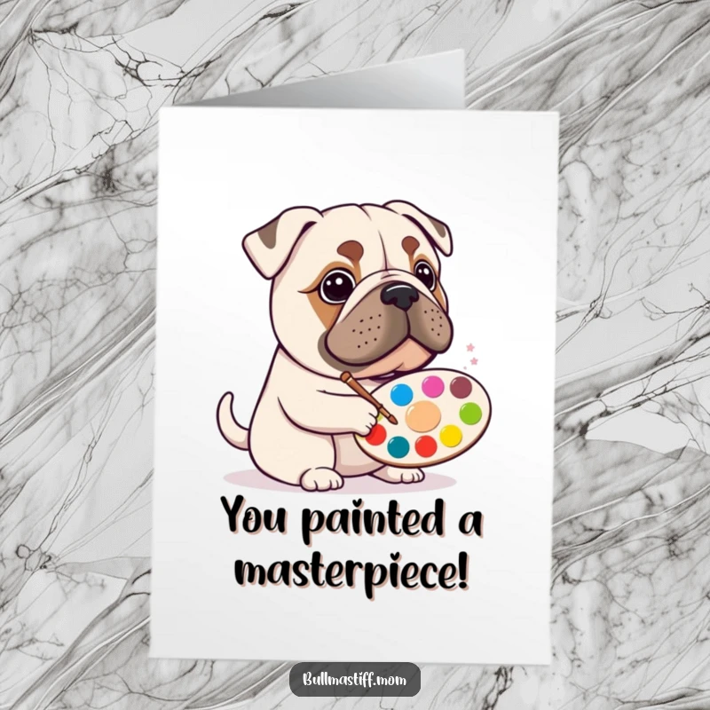 Free Printable Congratulations Card: A Bullmastiff artist proudly holding a paint palette, celebrating your success with colorful art.