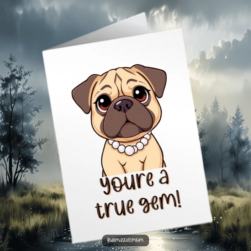 Funny Free Printable Congratulations Card: Bullmastiff with kind eyes, wearing a pearl necklace, celebrating success.