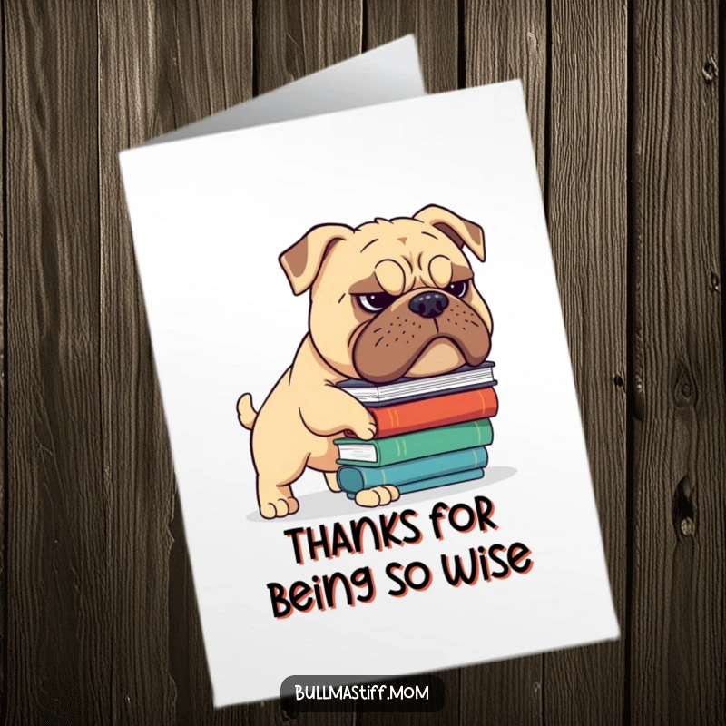 Funny Free Printable Thank You Card: A Bullmastiff attempting to balance books, offering thanks with a comical expression.