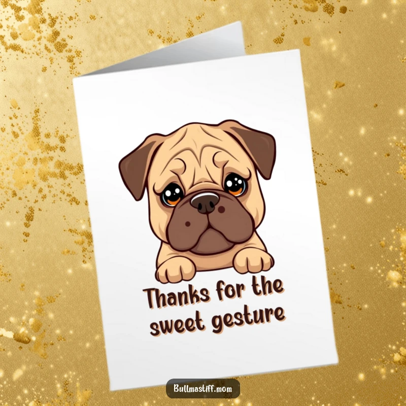 Free Printable Thank You Card: Bullmastiff with soulful eyes balances cookie on nose, offering sincere thanks.