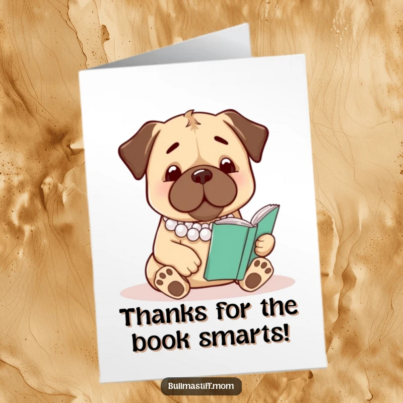 Funny Free Printable Thank You Card: Elegant bullmastiff wearing pearls and reading, offering sophisticated thanks with a humorous twist.