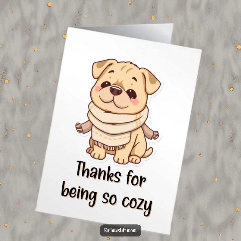Funny Free Printable Thank You Card: Cozy Bullmastiff in a scarf sending heartfelt thanks with a content expression.