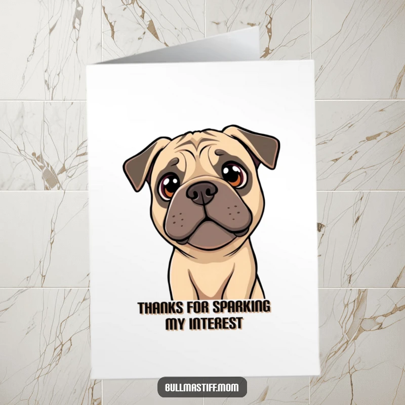 Funny Free Printable Thank You Card of a Bullmastiff curiously tilting its head, its bright eyes sparkling with interest.