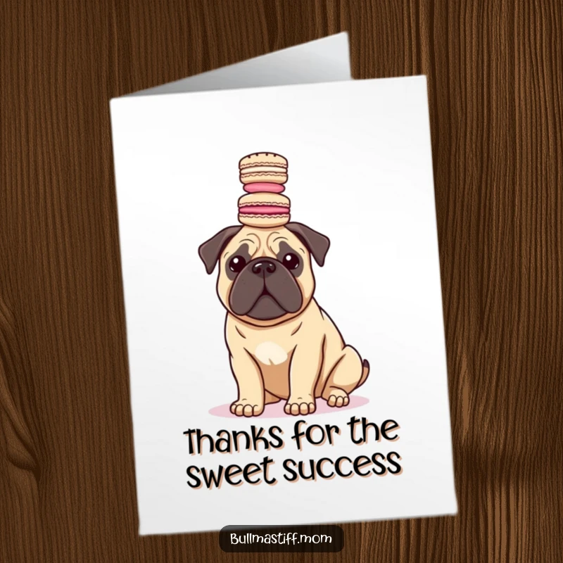Free Printable Thank You Card: A Bullmastiff with impressive focus balances a delicate stack of macarons on its head.