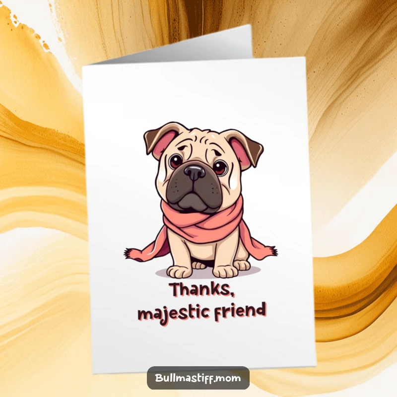 Funny Free Printable Thank You Card: Regal Bullmastiff striking a pose, draped in a silk scarf.