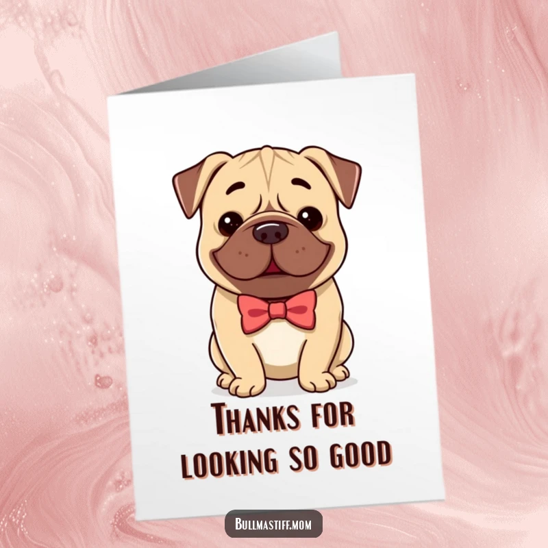 Funny Free Printable Thank You Card: A smiling Bullmastiff in a bow tie offers a sweet and gentle expression of thanks.
