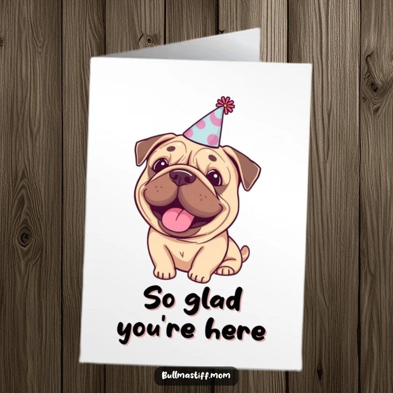 Funny Free Printable Bullmastiff with a tiny party hat and a happy grin, perfect for a fun thank you.
