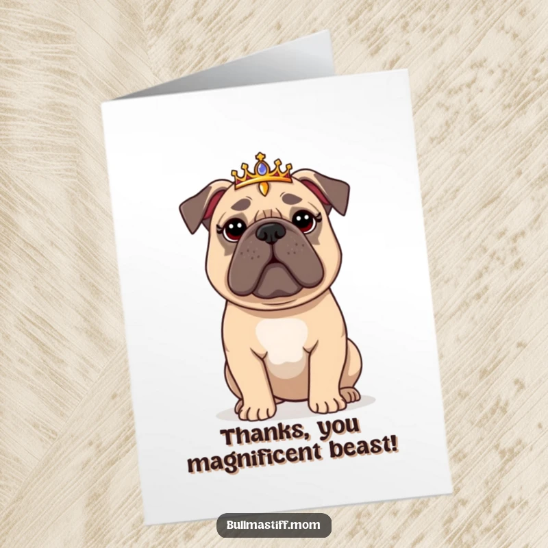 Funny Free Printable Thank You Card: A Bullmastiff wearing a diminutive tiara, looking regal yet delightfully flustered.