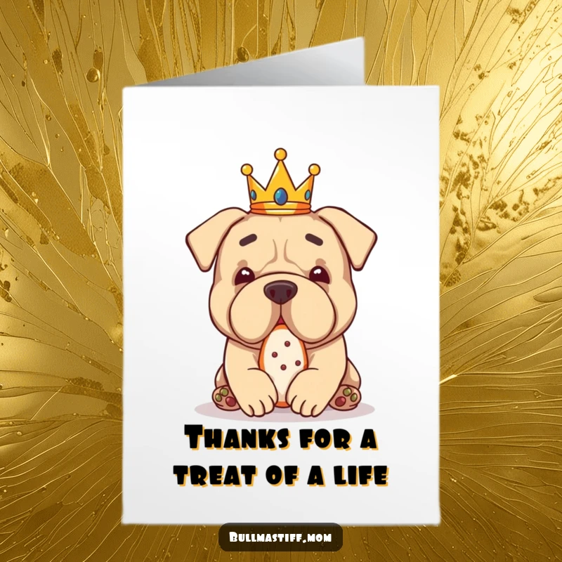 Funny Free Printable Thank You Card: Bullmastiff dog wearing a miniature crown, savoring a treat.