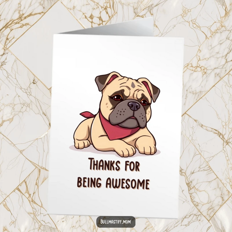 Funny Free Printable Thank You Card: Bullmastiff wearing a bandana, relaxing with a contented sigh.