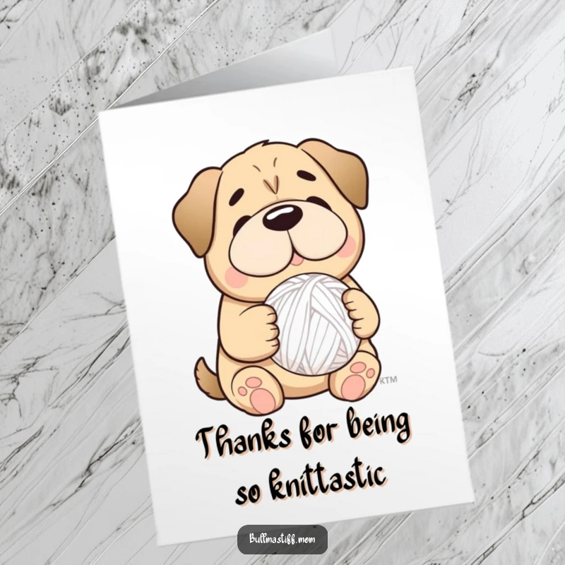Funny Free Printable Bullmastiff with a gentle smile, holding a yarn ball, great for thank you cards.
