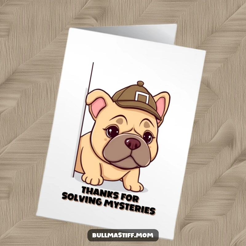 Funny Free Printable Bullmastiff detective with a tiny hat, peeking curiously, ideal for a thoughtful thank you.