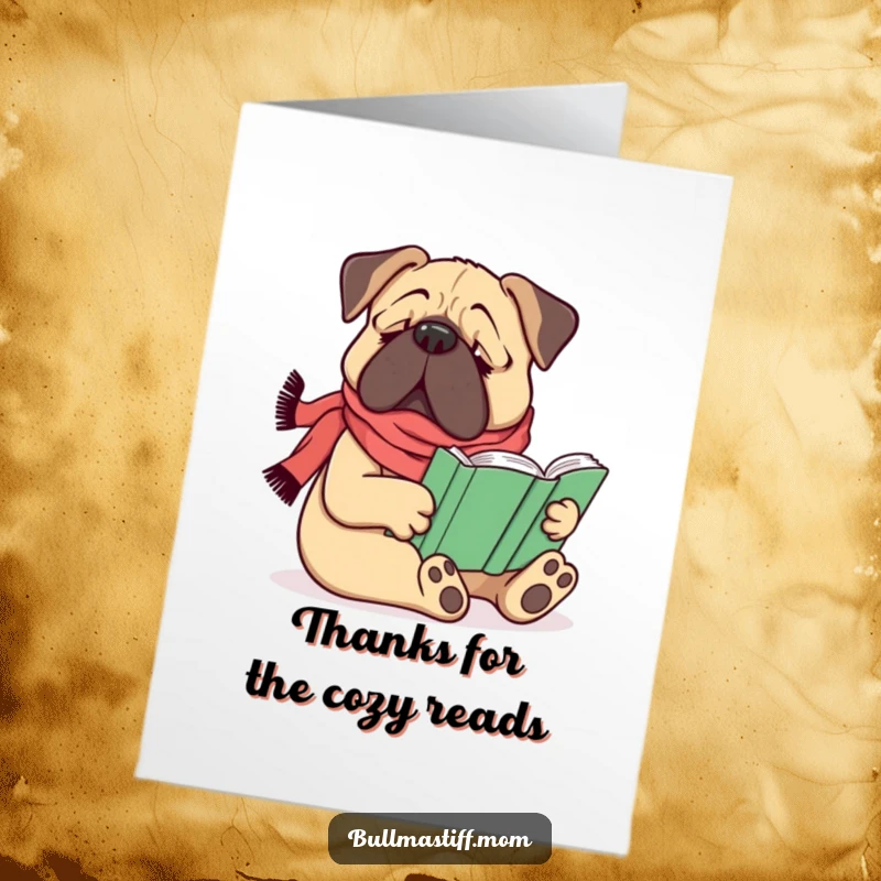 Funny Free Printable Thank You Card: A Bullmastiff in a scarf happily reads a book.