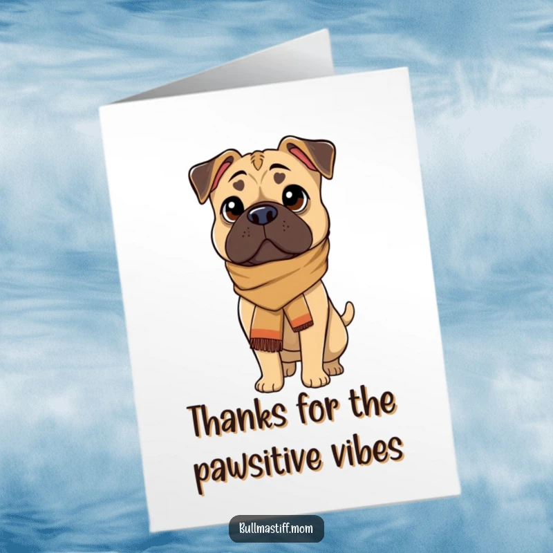 Funny Free Printable Bullmastiff wearing a stylish scarf, looking sophisticated, perfect for a thank you card.