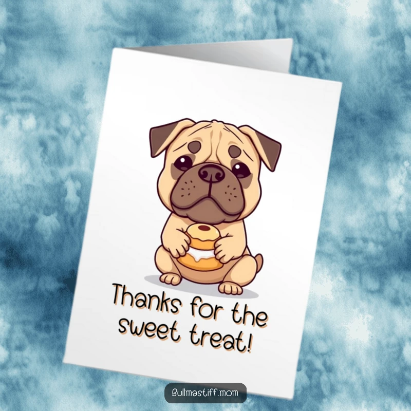Funny Free Printable Thank You Card: A Bullmastiff gently offers a sweet pastry as a token of thanks.