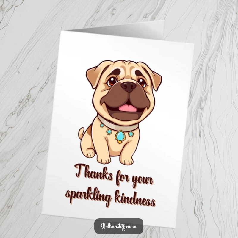 Funny Free Printable Thank You Card: Bullmastiff in a jeweled collar, looking proud and elegant.