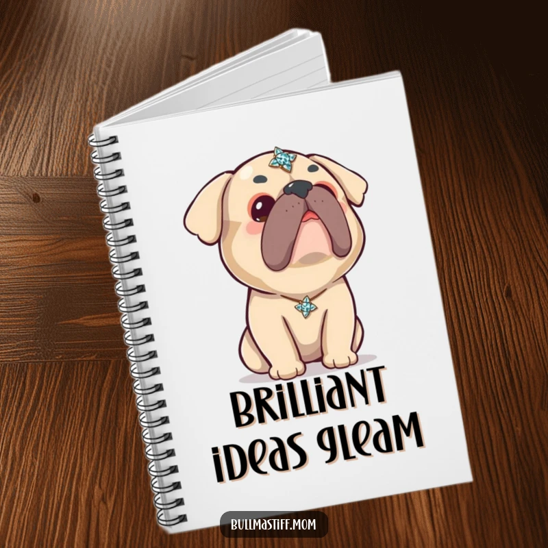 Funny Kawaii Bullmastiff Notebook: An adorable Bullmastiff looks up curiously at a sparkling brooch, perfect for jotting down sweet ideas.