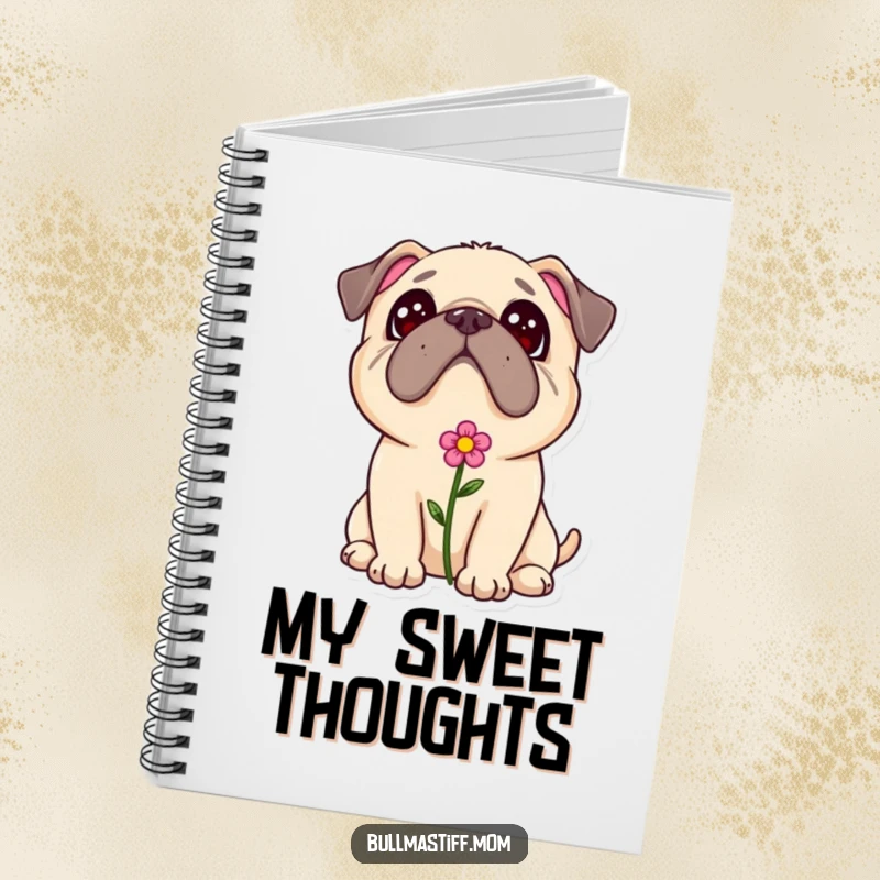 Sweet Bullmastiff adoration notebook, a dog with a flower in its fur looking up adoringly, perfect for journaling.