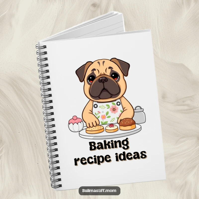 Funny Bullmastiff dog wearing a floral apron, happily baking pastries, on the cover of a notebook, a funnier gift.