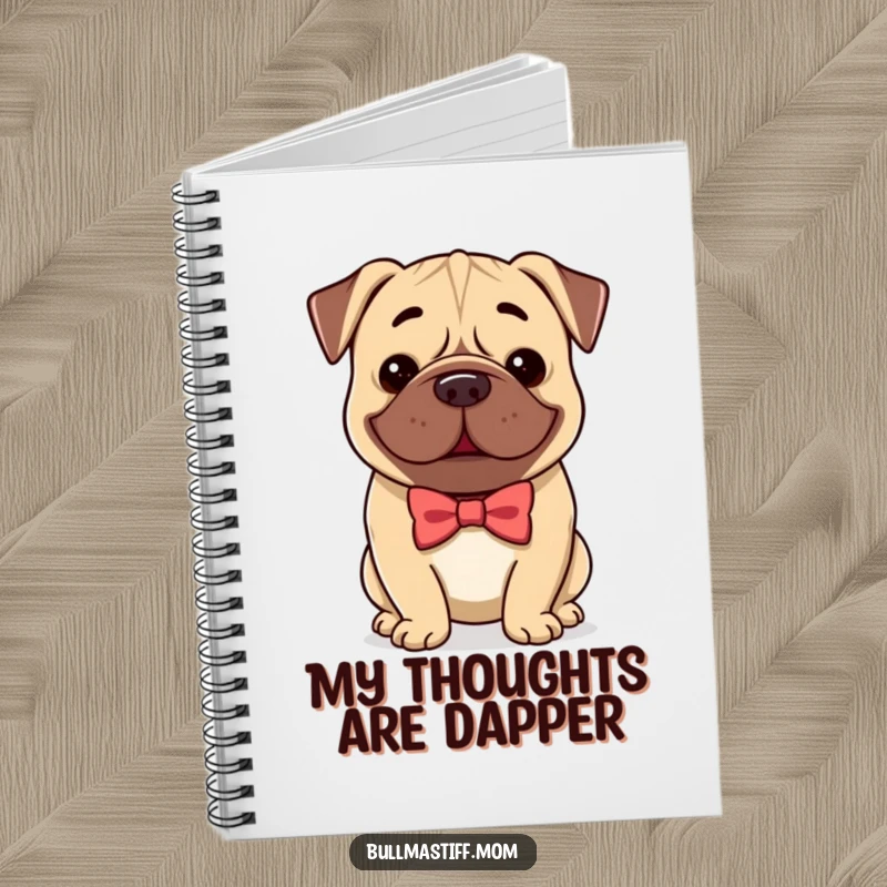 Funny Bullmastiff notebook featuring a dog wearing a bow tie and smiling gently, ideal for journaling and note-taking.