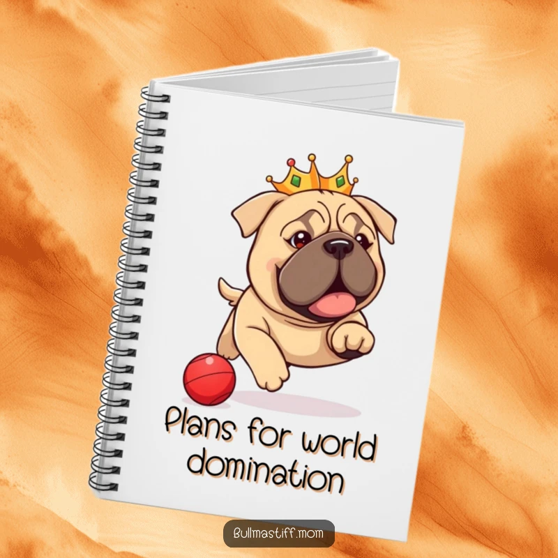 Funny Bullmastiff Notebook: A regal dog with a crown humorously chasing a red ball, great for notes and doodles.