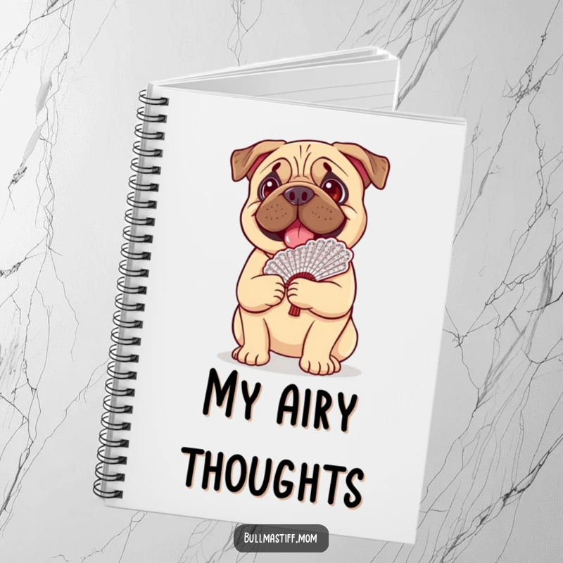 Funny Bullmastiff dog happily balancing a fancy lace fan on its head, making this notebook a whimsical writing tool.