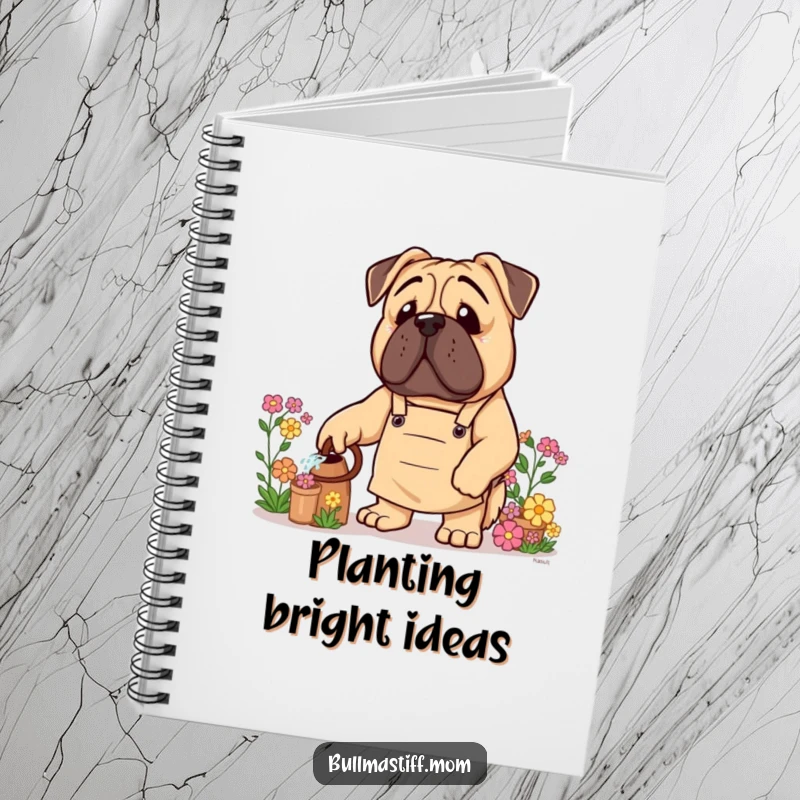 Funny Bullmastiff Notebook: A Bullmastiff dog wearing a gardening apron is shown watering flowers.
