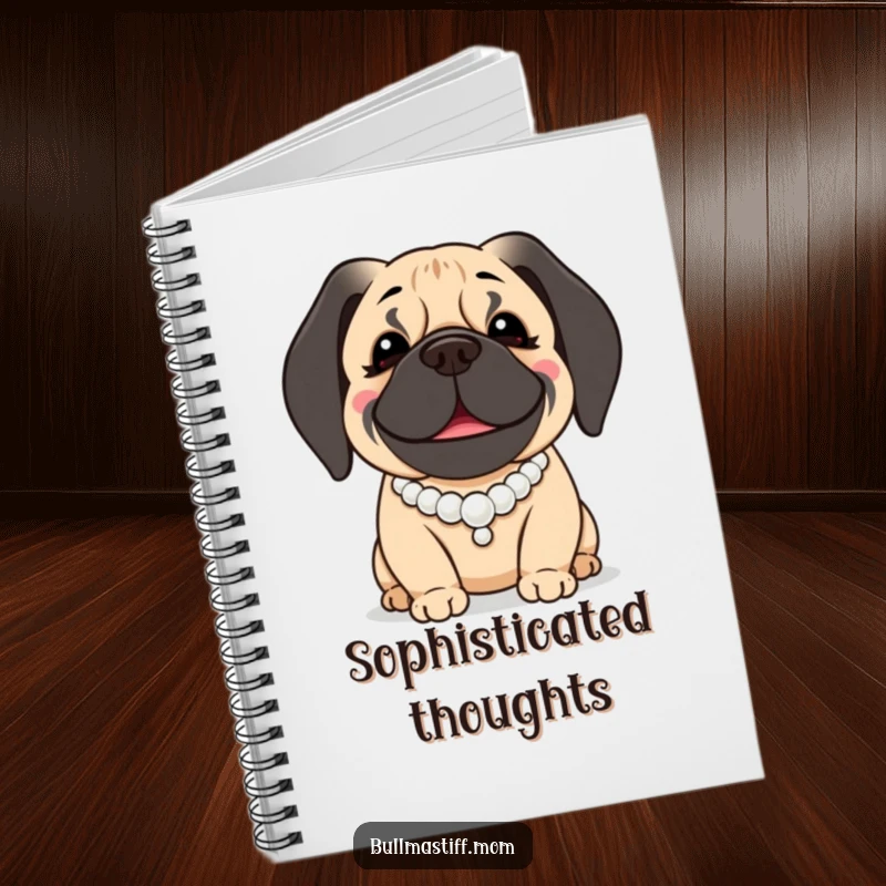 Funny Bullmastiff Notebook: A smiling Bullmastiff dog is depicted wearing a classic pearl necklace.
