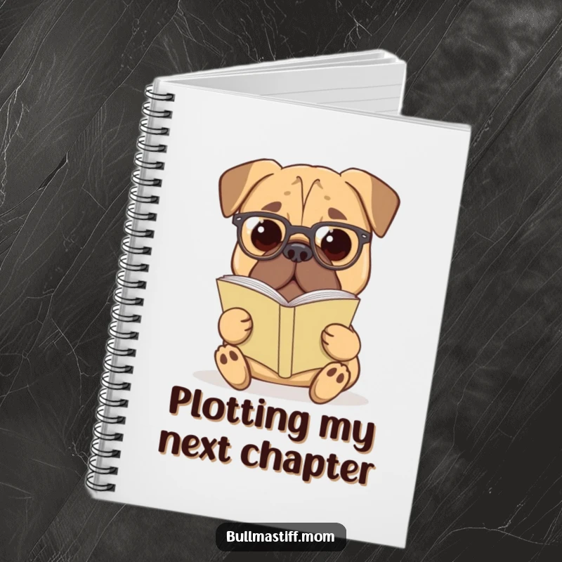 Funny Bullmastiff Notebook: A studious Bullmastiff dog wearing reading glasses is shown with a book.