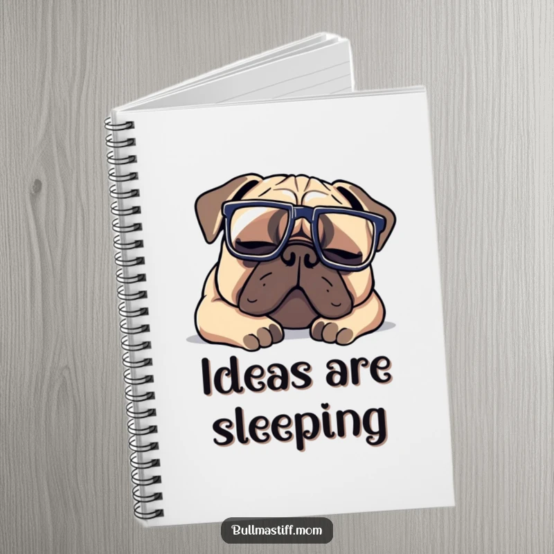 Funny Bullmastiff notebook featuring a dog with oversized glasses, napping contentedly, perfect for jotting down thoughts.