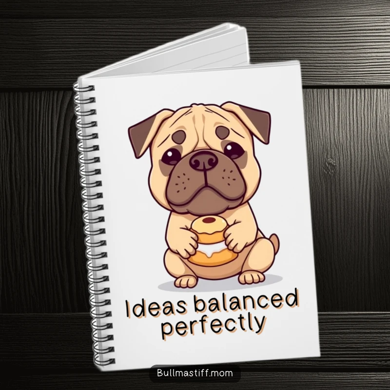 Funny Bullmastiff Notebook: A gentle Bullmastiff balances a pastry on its nose, perfect for jotting down sweet ideas with humor.