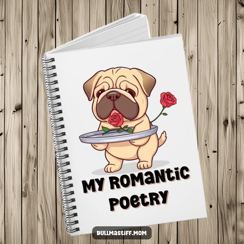 Funny Bullmastiff notebook featuring a dog carefully carrying a tray with a single rose, ideal for journaling thoughts of love.