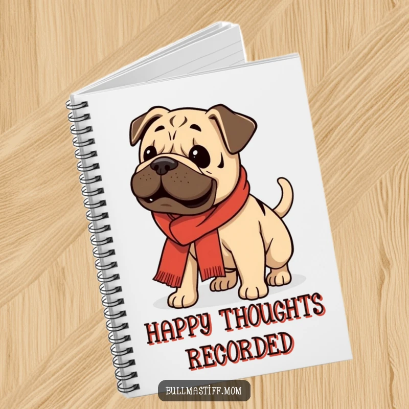 Funny Bullmastiff wearing a scarf, wagging its tail enthusiastically, on the cover of a cheerful notebook.
