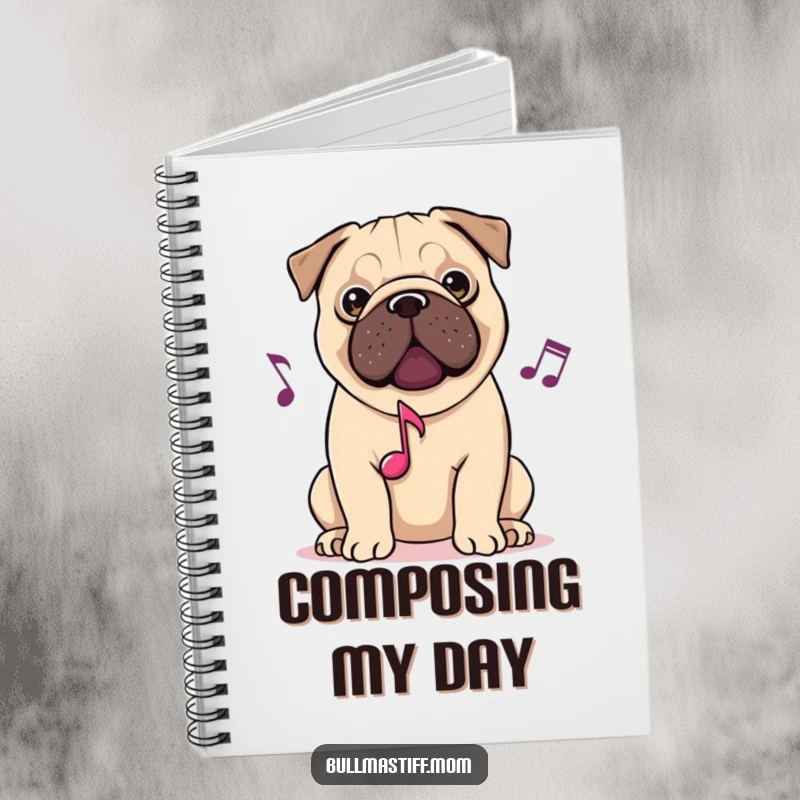 Funny notebook featuring a Bullmastiff with musical notes on the cover, ideal for writing song lyrics, notes, or dog thoughts.