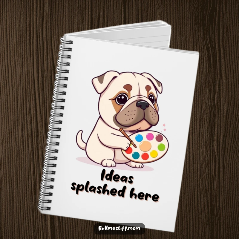 Funny Bullmastiff artist notebook featuring a happy dog with a paint palette, perfect for sketching ideas.