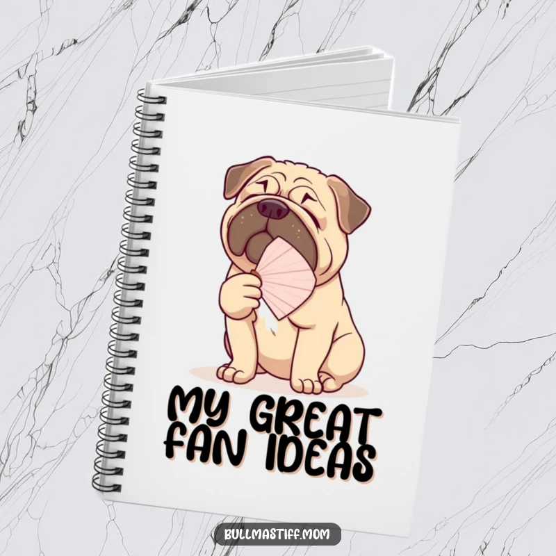 Funny Bullmastiff notebook showing a large dog fanning itself with a delicate fan, perfect for capturing ideas.
