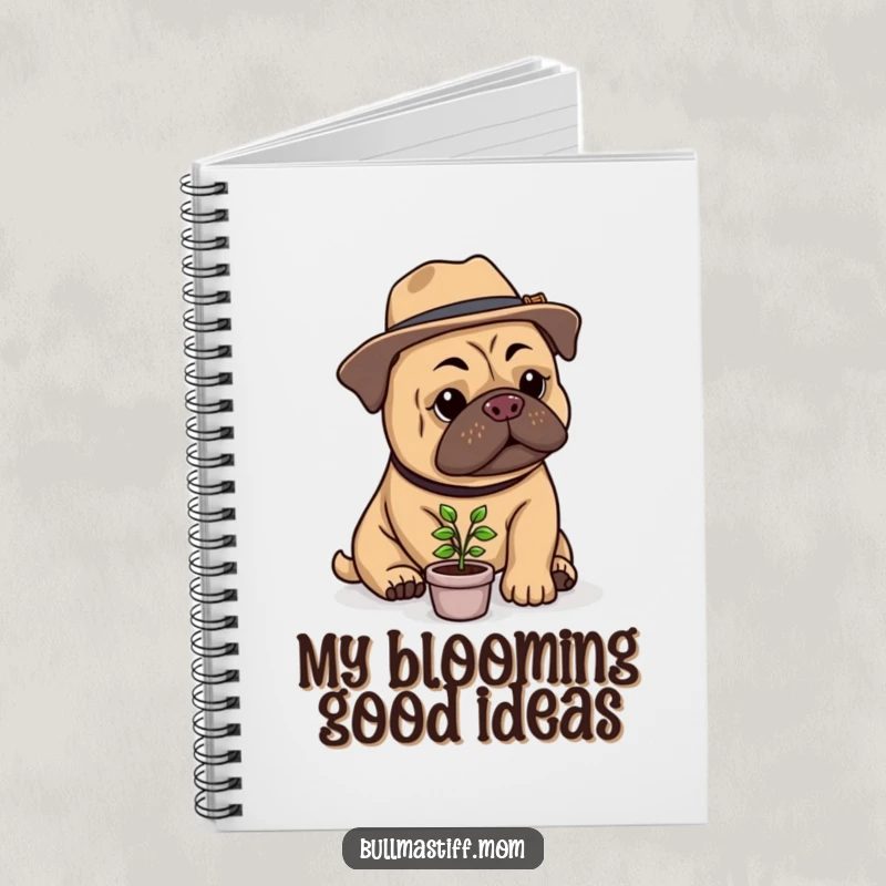 Funny Bullmastiff Gardener Notebook: A Bullmastiff with a hat gently cares for a tiny plant, perfect for jotting down funny thoughts.