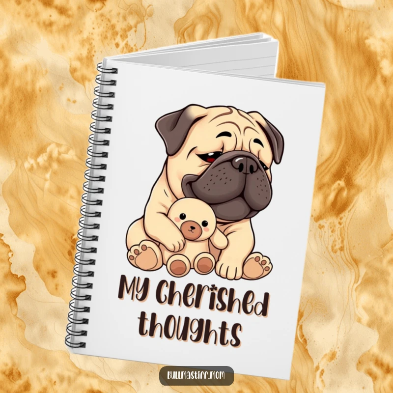 Funny Bullmastiff notebook showing a content dog holding a plush toy, perfect for writing down happy thoughts.