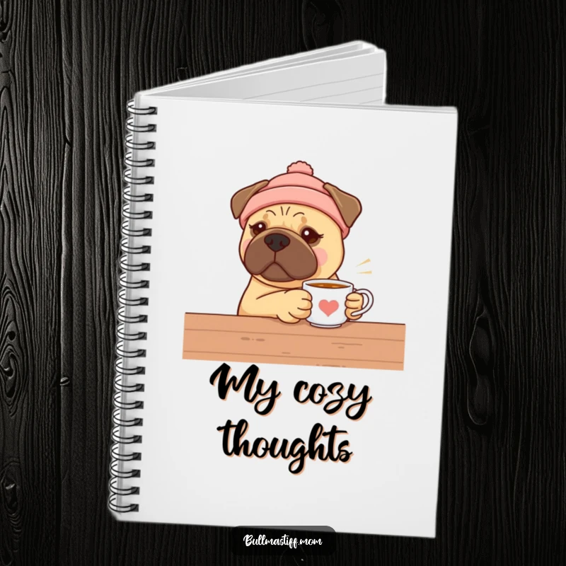 Funny Bullmastiff tea time notebook, a dog in a warm hat offering tea, perfect for journaling and note-taking.