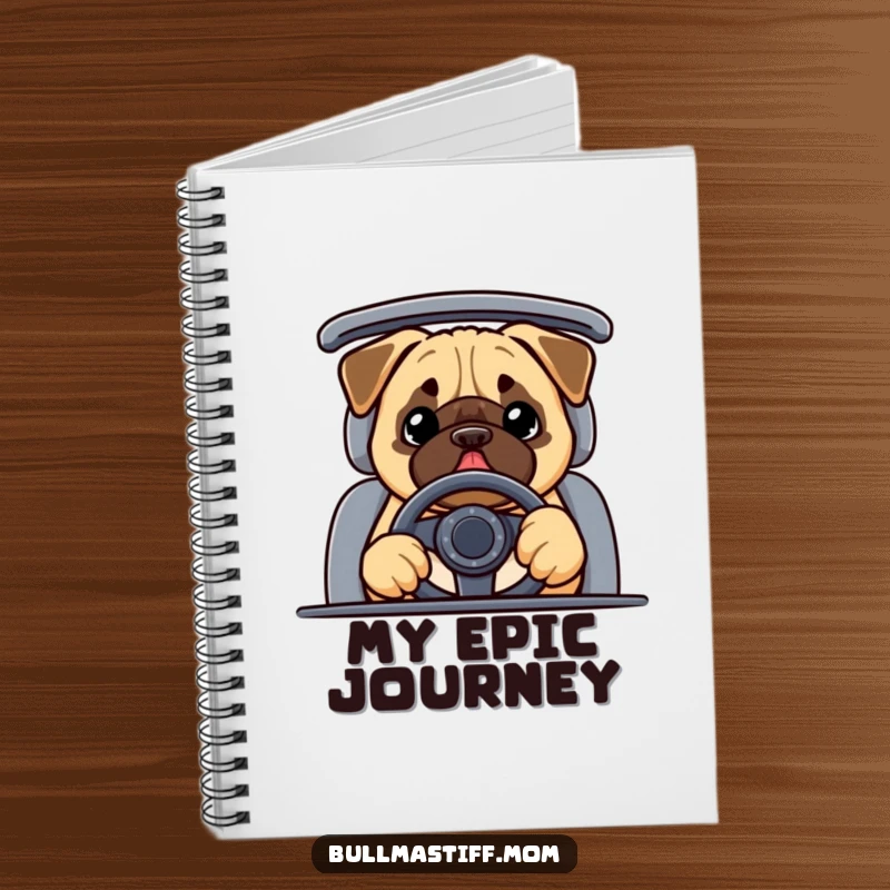 Funny Bullmastiff notebook featuring a happy dog steering a car, perfect for jotting down notes and ideas.