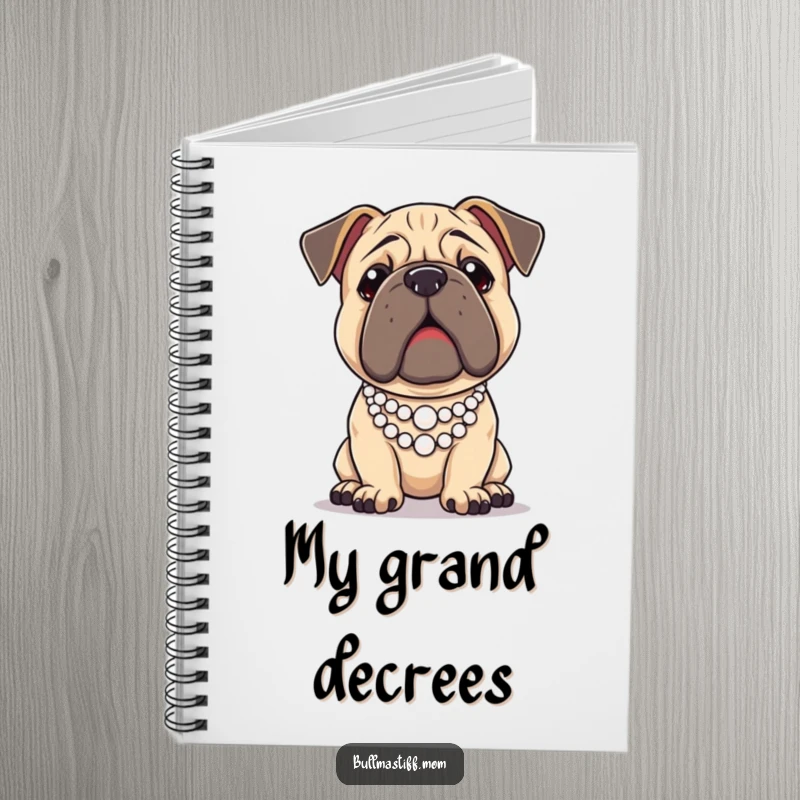 Funny Bullmastiff dog wearing a pearl necklace and posing regally, making this notebook a sophisticated writing tool.
